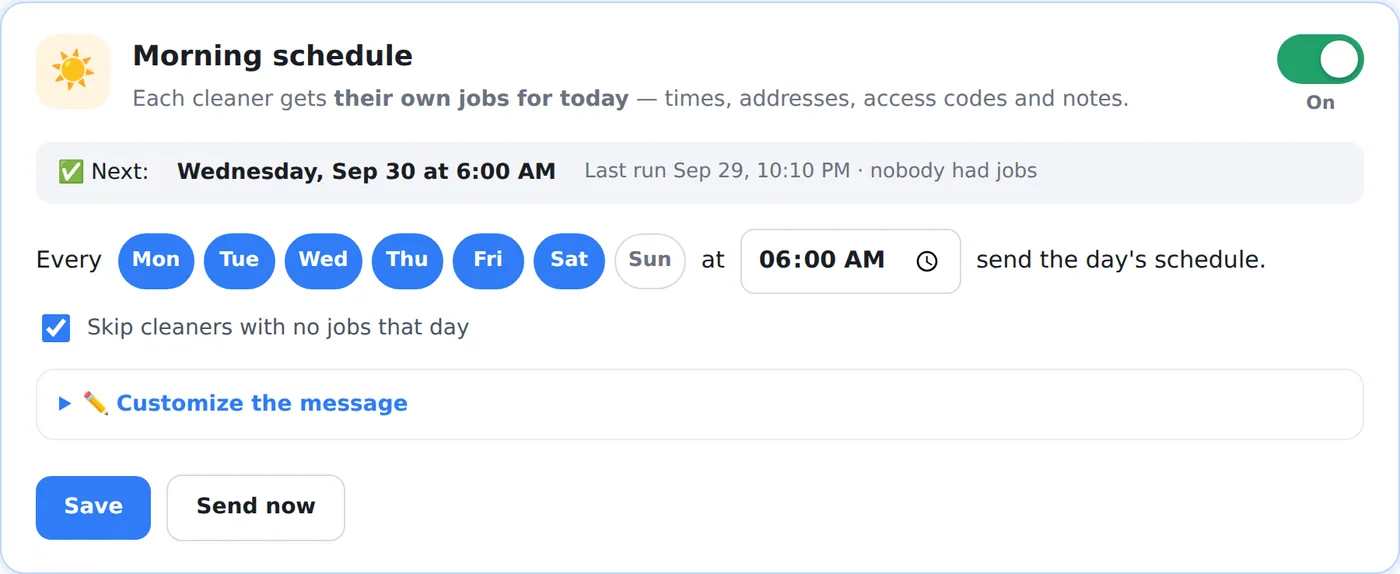 Automation settings: every Monday to Saturday at 6:00 AM send the day's schedule