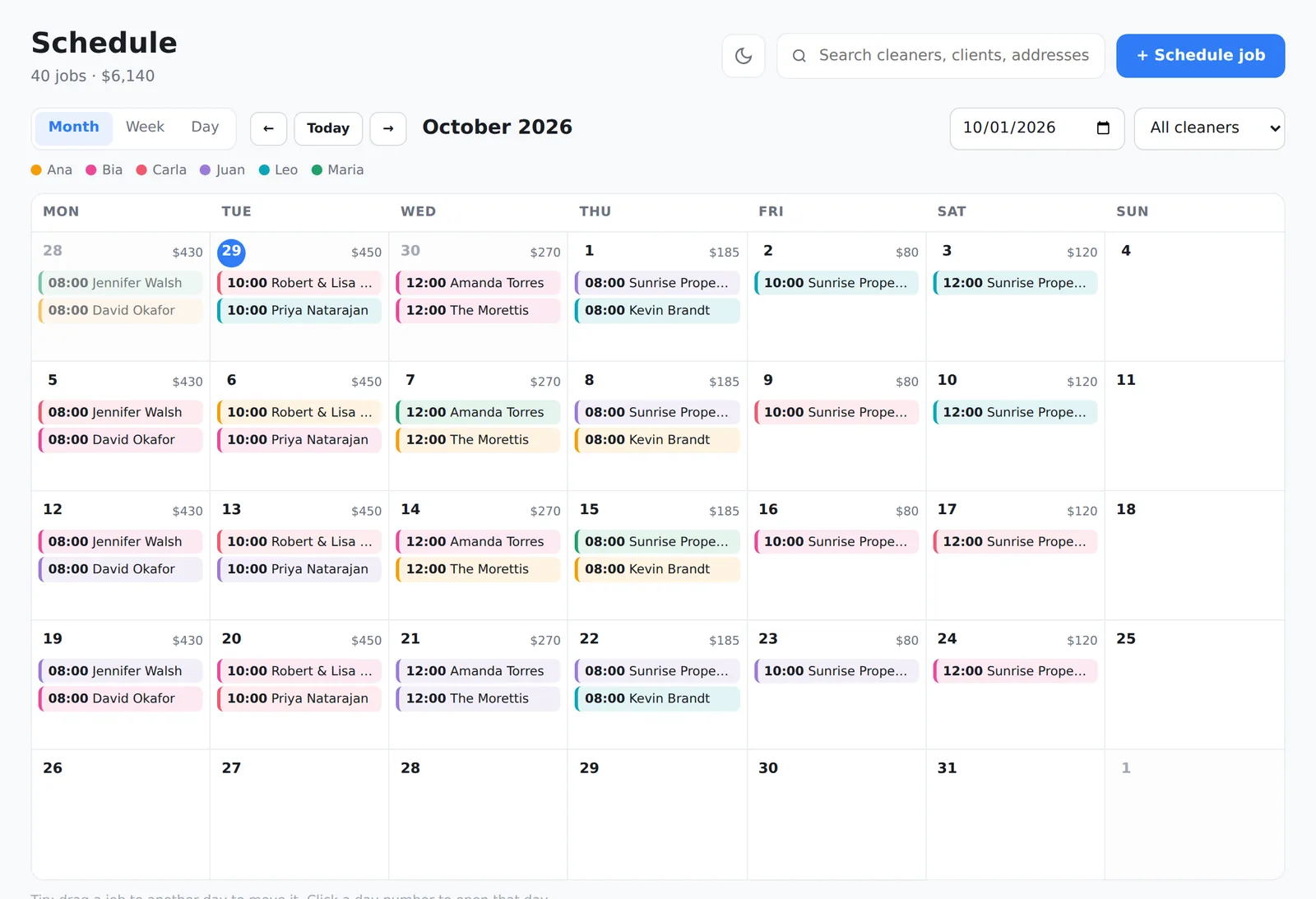 Monthly calendar with jobs colored by cleaner